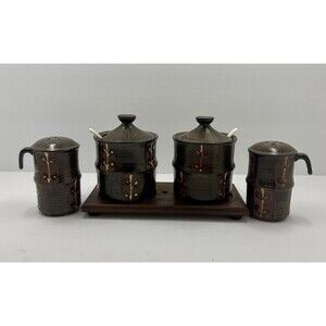 Japan Art Pottery Salt Pepper, 2 Jam Jars W/ Spoons MCM Boho Wood Pedestal Raku